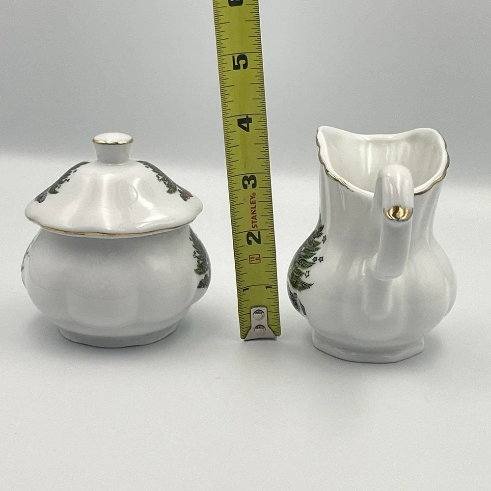 Vintage 1980s‎ Christmas Tree Creamer & Sugar Set Taiwan Porcelain Gold Trim